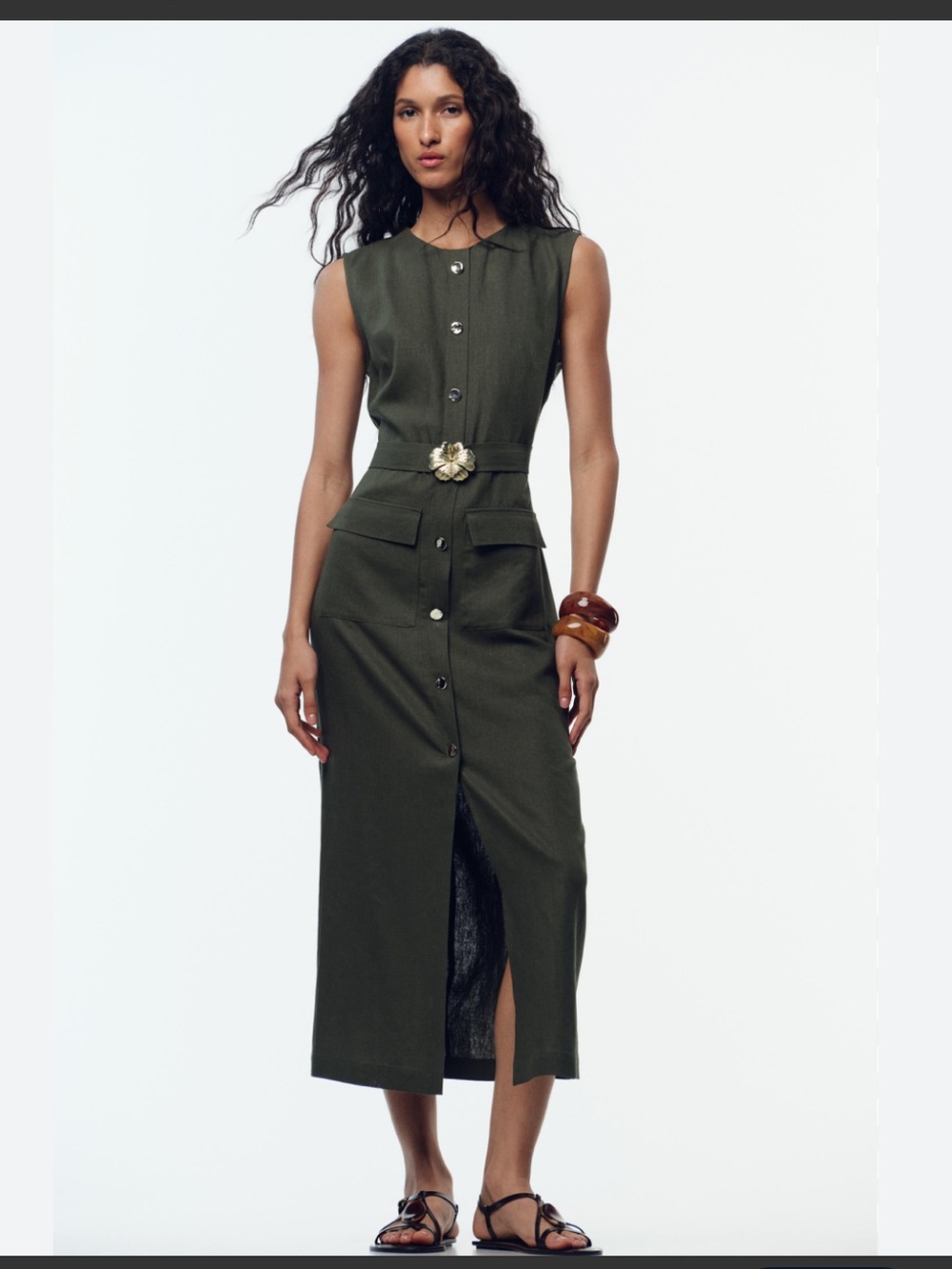 Zara Olive Green LINEN BELTED MIDI DRESS - Picture 3 of 15